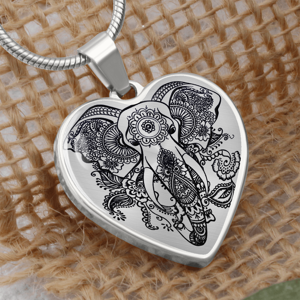 Mandala Elephant Heart Graphic Heart Necklace - Engraved Heart Pendant with Gift Box, Elephant Lover Gift for Her