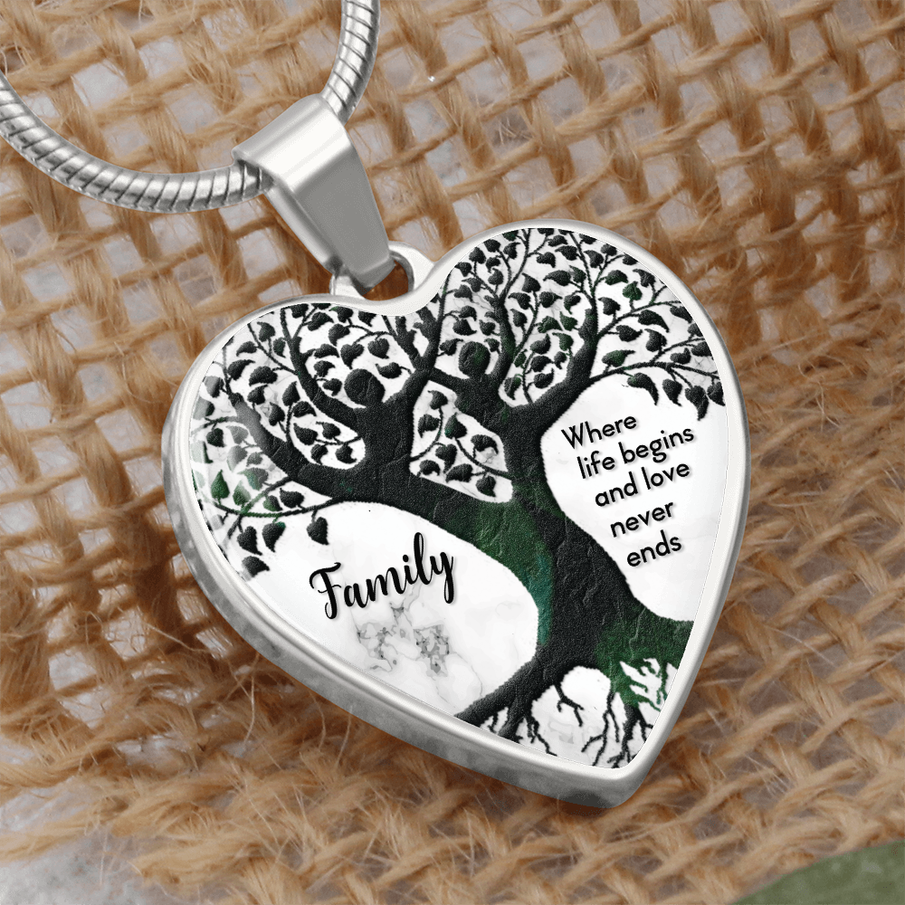 Where Life Begins Family Tree Graphic Heart Necklace - Engraved Heart Pendant with Gift Box, Family Gift for Mom