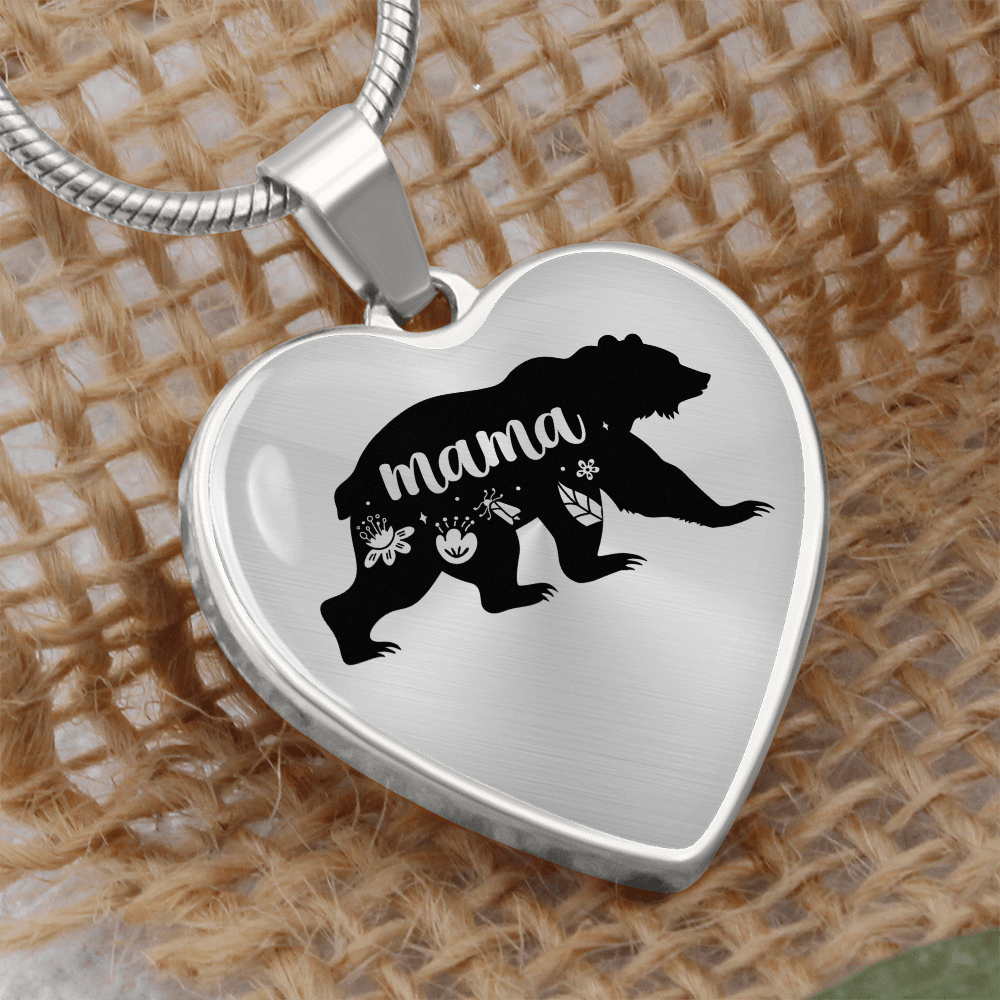 Mama Bear Graphic Heart Necklace - Engraved Heart Pendant with Gift Box, Mother's Day Gift for Mom