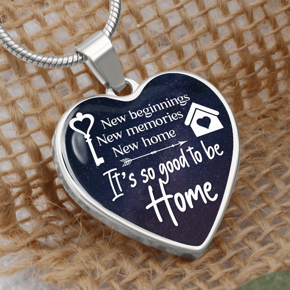 New Beginnings New Home Graphic Heart Necklace - Engraved Heart Pendant with Gift Box, Housewarming Gift for New Home