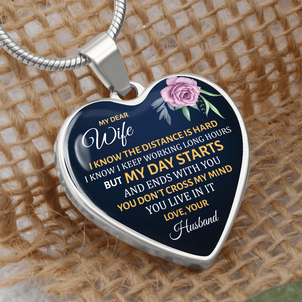 To My Dear Wife Long Distance Graphic Heart Necklace - Engraved Heart Pendant with Gift Box, Gift for Wife From Husband