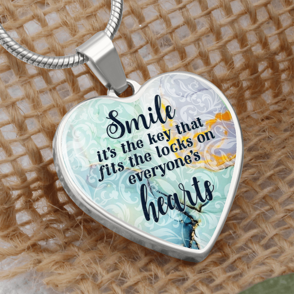 Smile Is The Key Graphic Heart Necklace - Engraved Heart Pendant with Gift Box, Inspirational Gift for Her