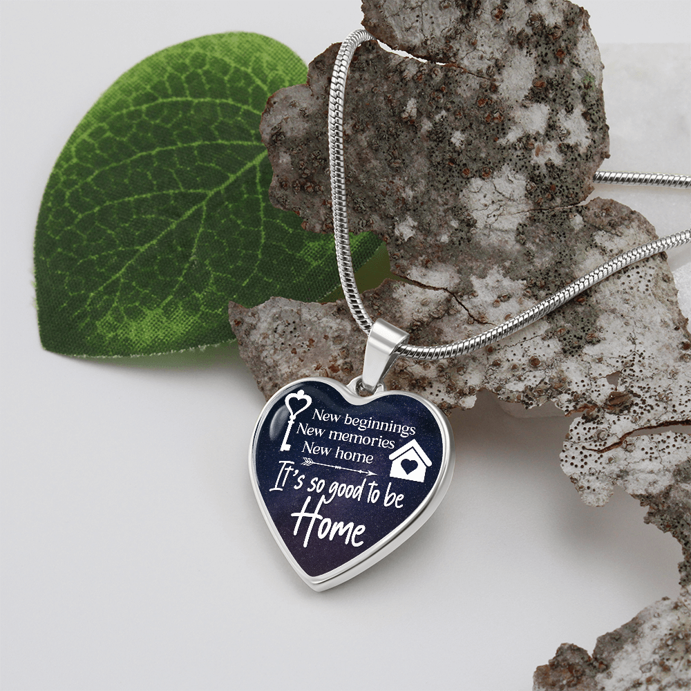 New Beginnings New Home Graphic Heart Necklace - Engraved Heart Pendant with Gift Box, Housewarming Gift for New Home