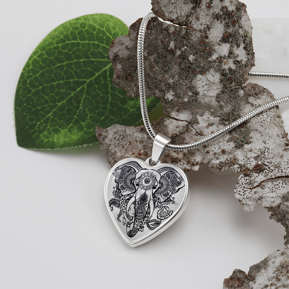 Mandala Elephant Heart Graphic Heart Necklace - Engraved Heart Pendant with Gift Box, Elephant Lover Gift for Her