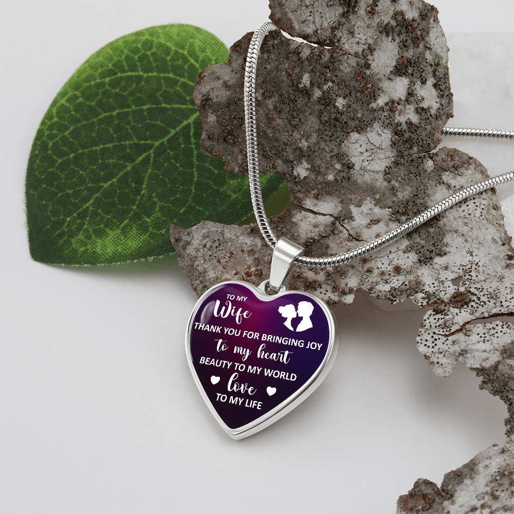 To My Wife Thank You For Bringing Joy Graphic Heart Necklace - Engraved Heart Pendant with Gift Box, Gift for Wife