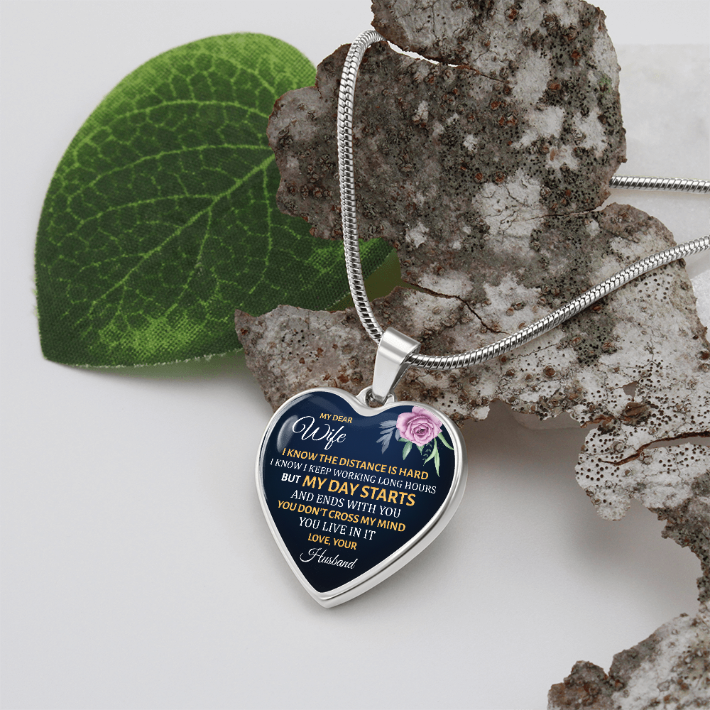 To My Dear Wife Long Distance Graphic Heart Necklace - Engraved Heart Pendant with Gift Box, Gift for Wife From Husband