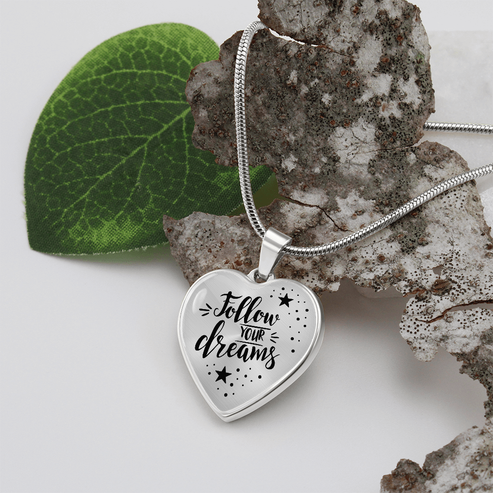 Follow Your Dreams Graphic Heart Necklace - Engraved Heart Pendant with Gift Box, Inspirational Gift for Her