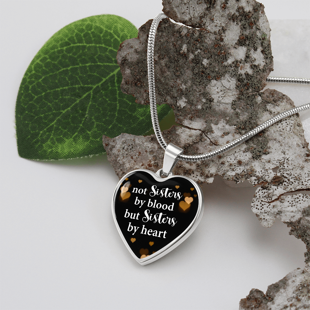 Not Sisters By Blood But Sisters By Heart Graphic Heart Necklace - Engraved Heart Pendant with Gift Box, Gift for Best Friend