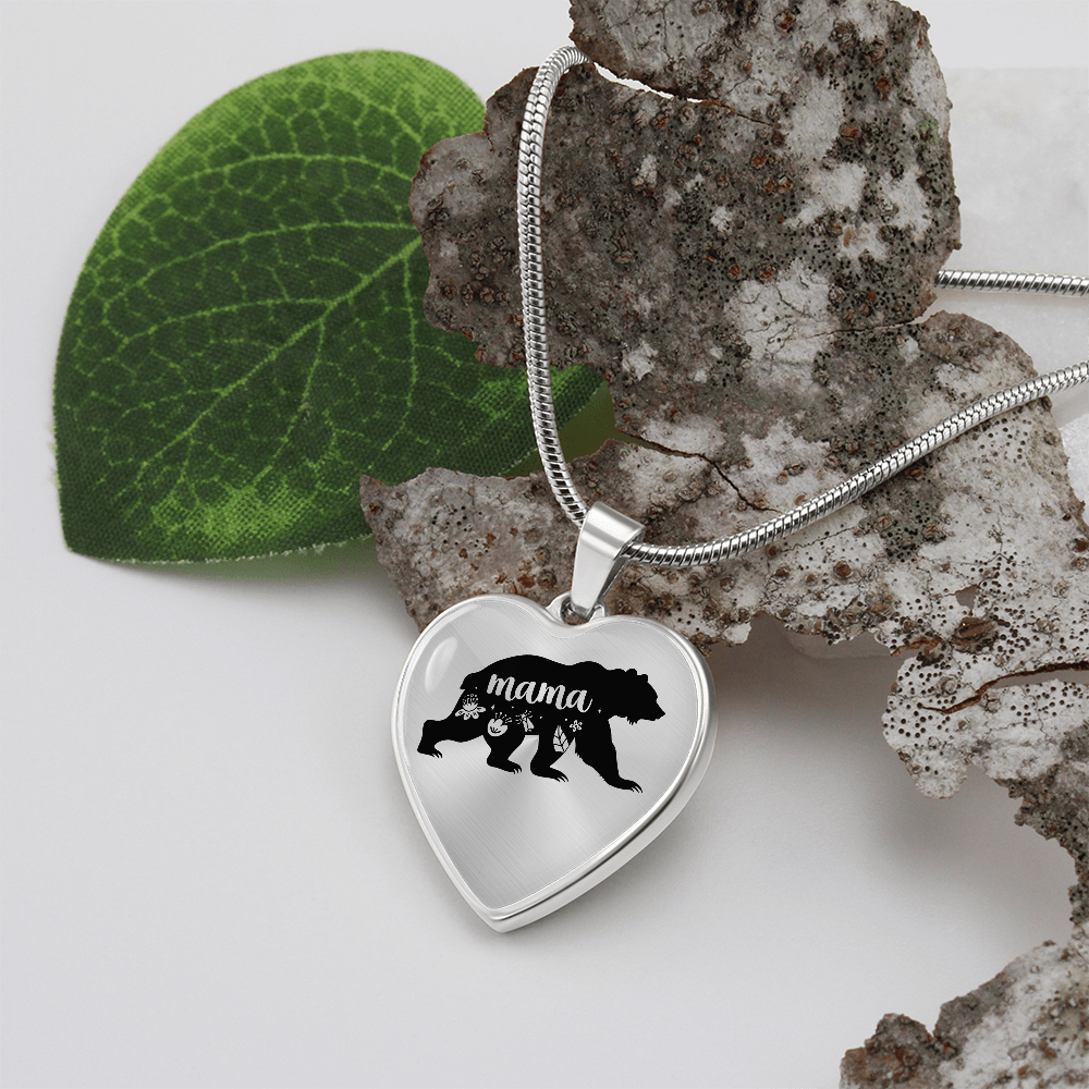 Mama Bear Graphic Heart Necklace - Engraved Heart Pendant with Gift Box, Mother's Day Gift for Mom