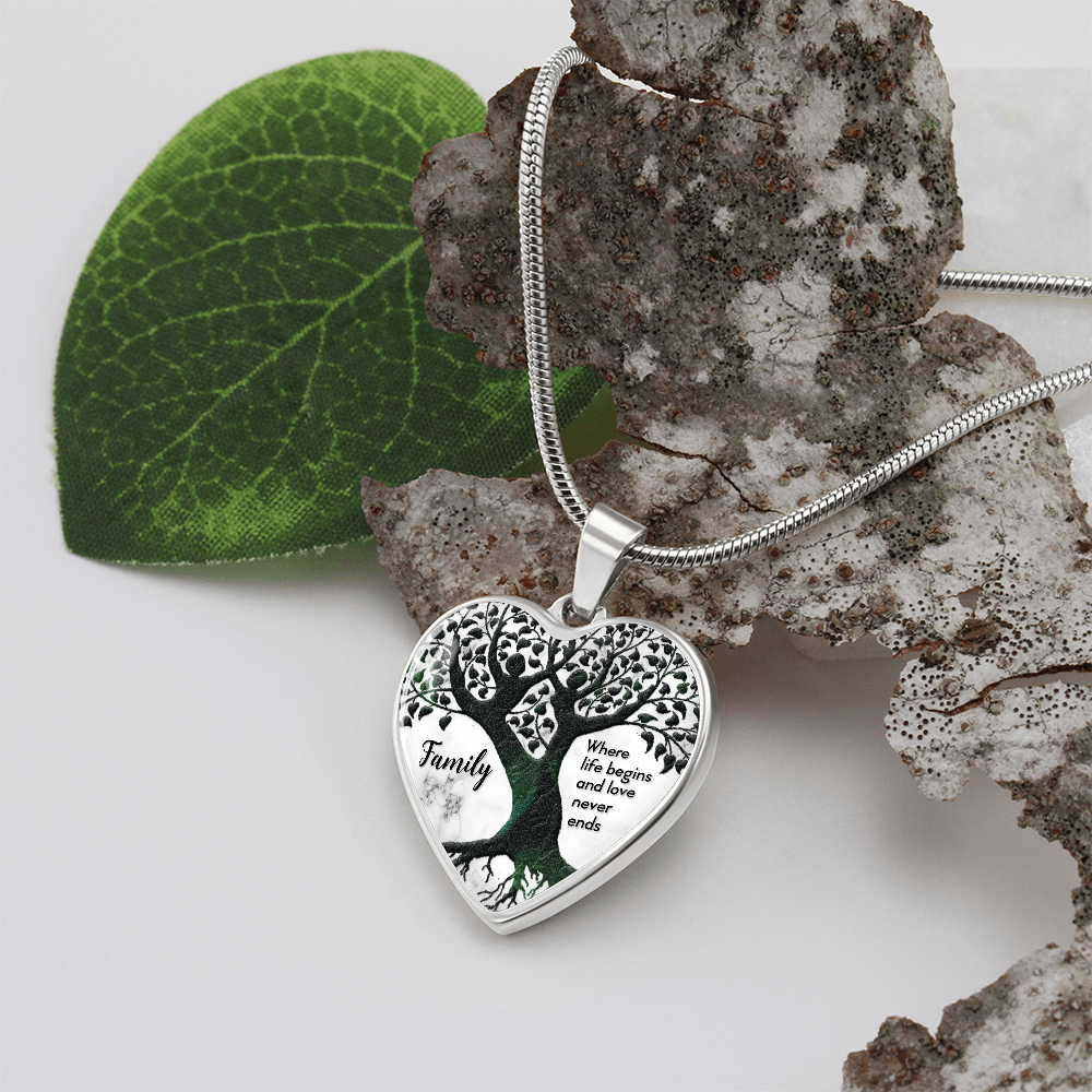 Where Life Begins Family Tree Graphic Heart Necklace - Engraved Heart Pendant with Gift Box, Family Gift for Mom