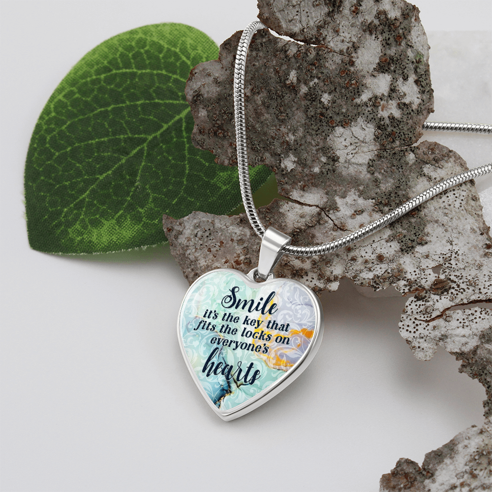 Smile Is The Key Graphic Heart Necklace - Engraved Heart Pendant with Gift Box, Inspirational Gift for Her