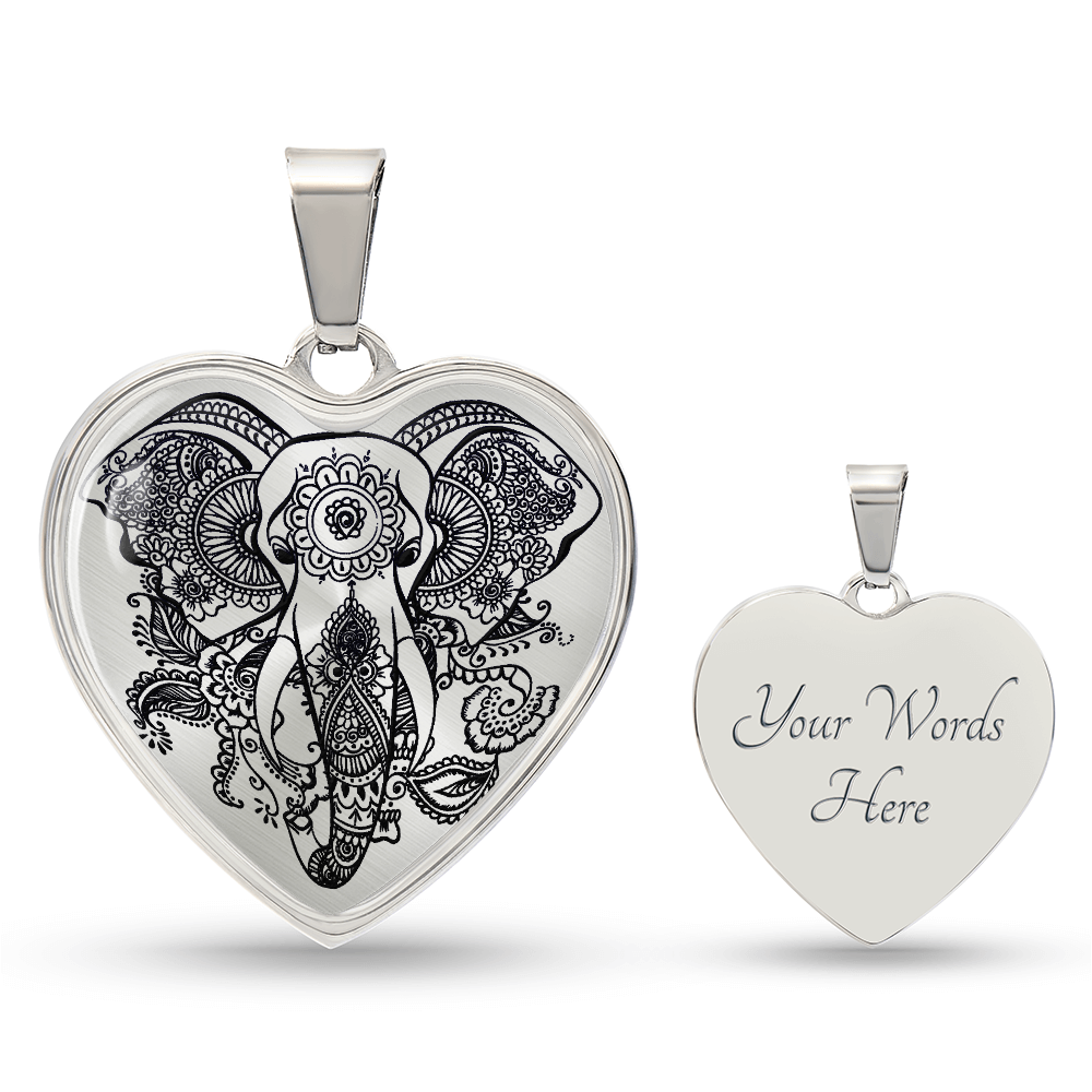 Mandala Elephant Heart Graphic Heart Necklace - Engraved Heart Pendant with Gift Box, Elephant Lover Gift for Her