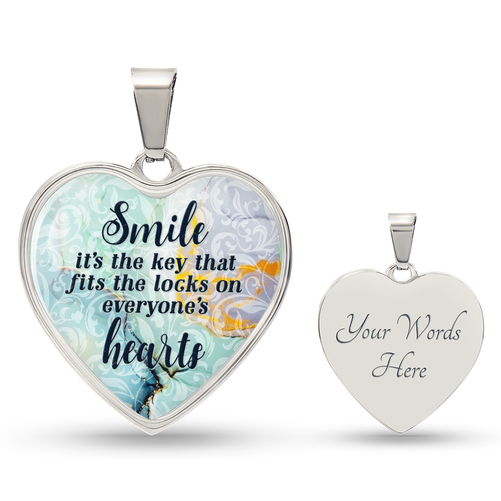 Smile Is The Key Graphic Heart Necklace - Engraved Heart Pendant with Gift Box, Inspirational Gift for Her