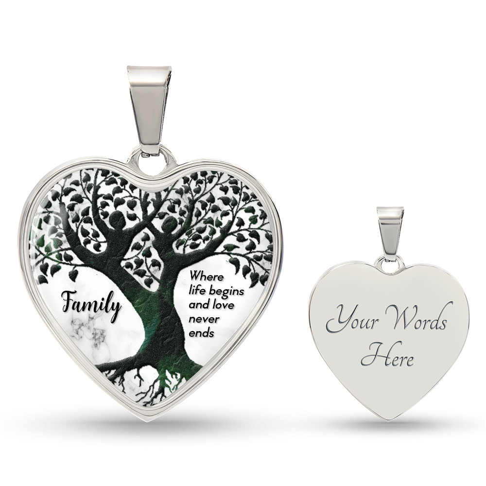 Where Life Begins Family Tree Graphic Heart Necklace - Engraved Heart Pendant with Gift Box, Family Gift for Mom