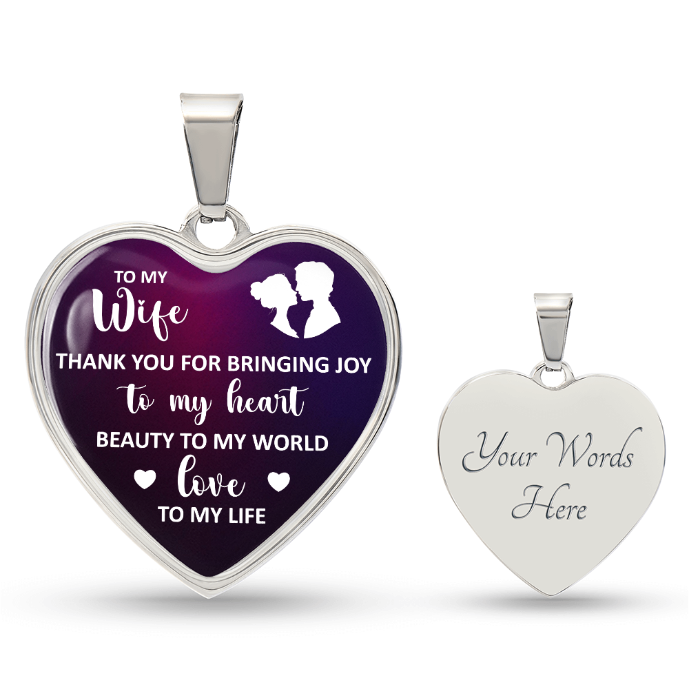 To My Wife Thank You For Bringing Joy Graphic Heart Necklace - Engraved Heart Pendant with Gift Box, Gift for Wife