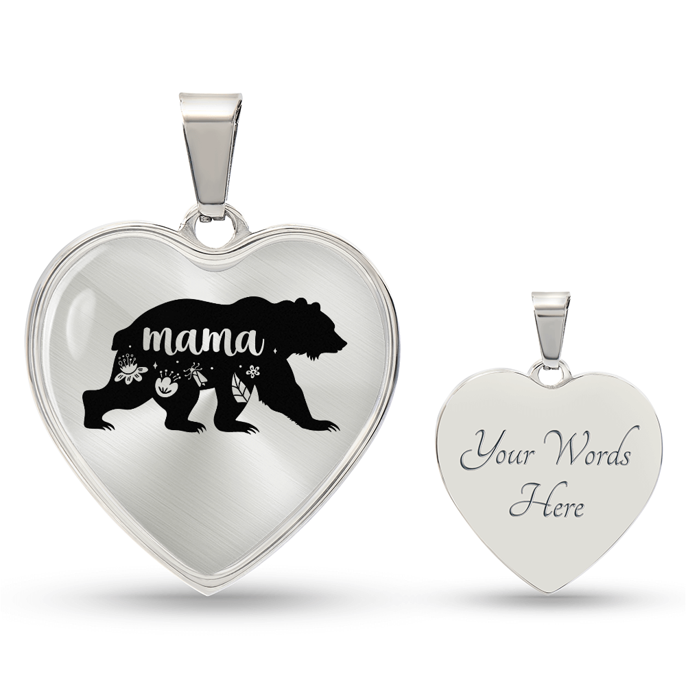 Mama Bear Graphic Heart Necklace - Engraved Heart Pendant with Gift Box, Mother's Day Gift for Mom
