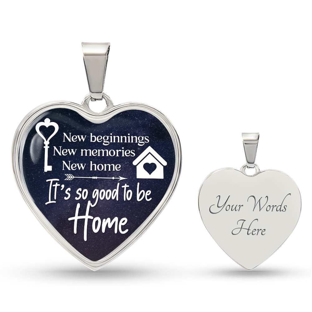 New Beginnings New Home Graphic Heart Necklace - Engraved Heart Pendant with Gift Box, Housewarming Gift for New Home
