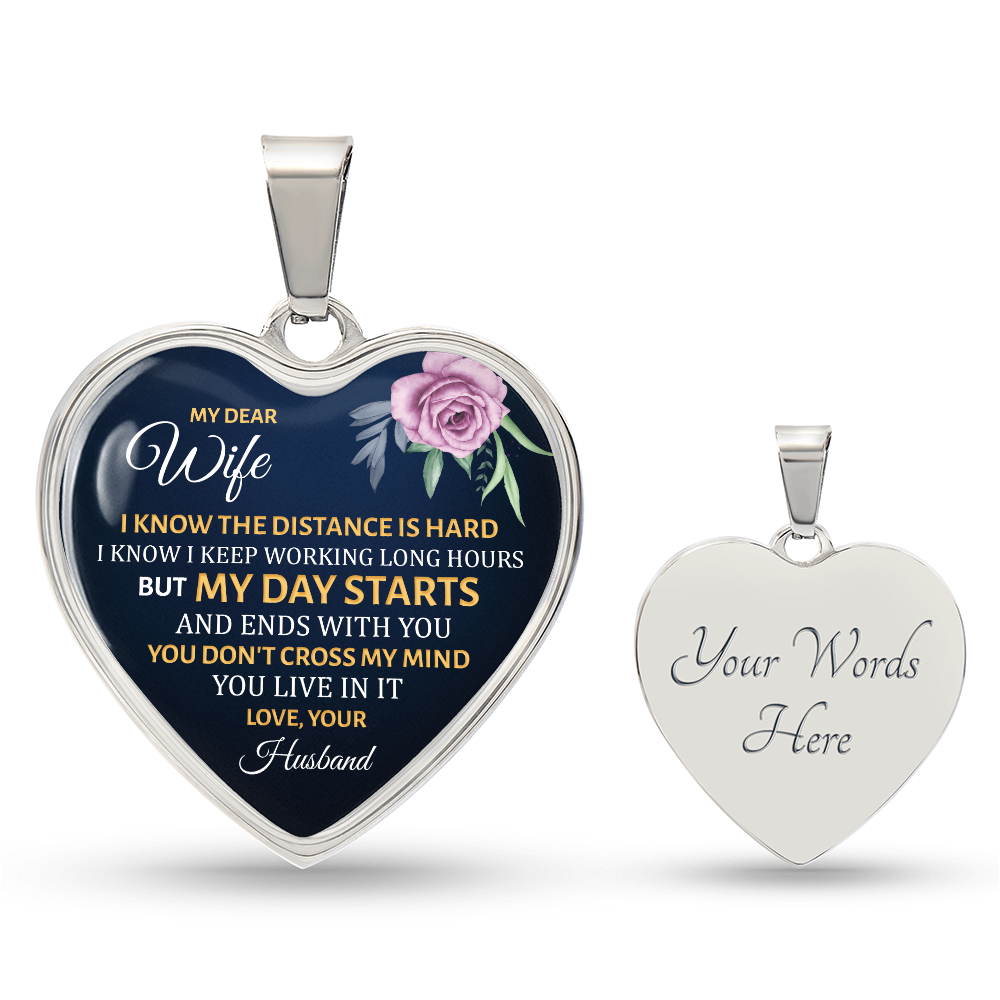 To My Dear Wife Long Distance Graphic Heart Necklace - Engraved Heart Pendant with Gift Box, Gift for Wife From Husband