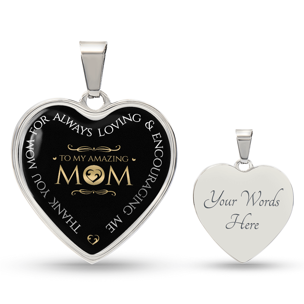 To My Amazing Mom Graphic Heart Necklace - Engraved Heart Pendant with Gift Box, Thank You Gift for Mom