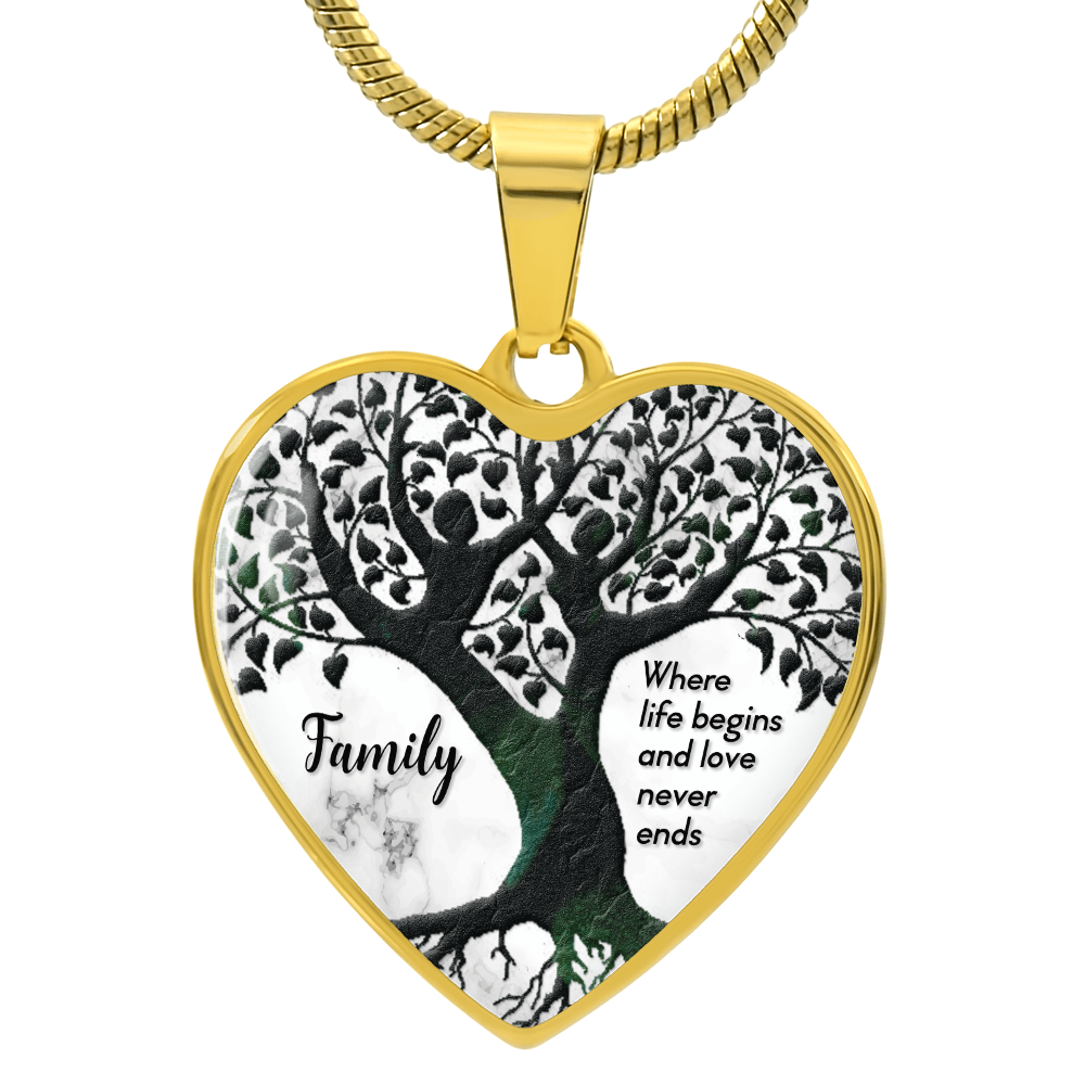 Where Life Begins Family Tree Graphic Heart Necklace - Engraved Heart Pendant with Gift Box, Family Gift for Mom