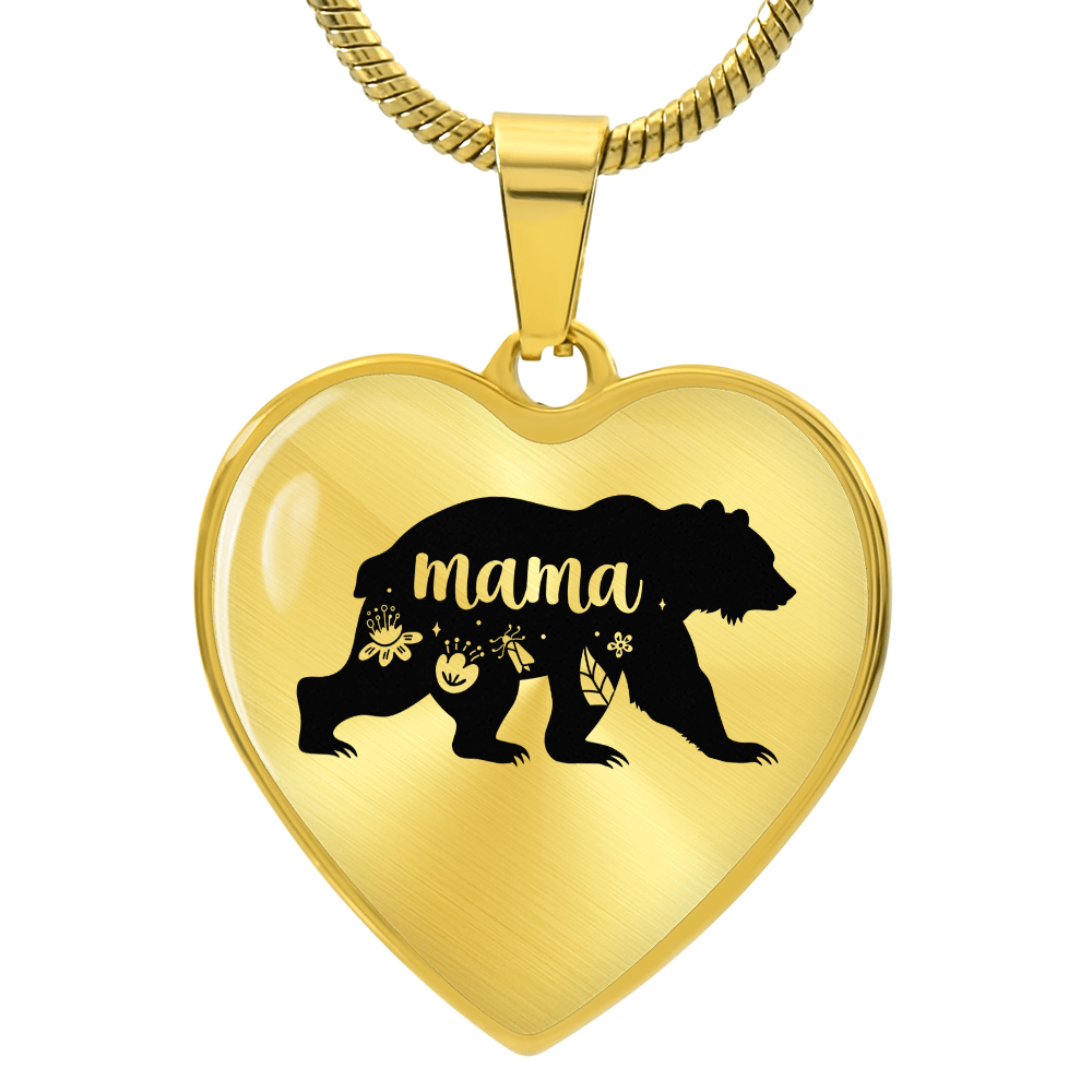 Mama Bear Graphic Heart Necklace - Engraved Heart Pendant with Gift Box, Mother's Day Gift for Mom