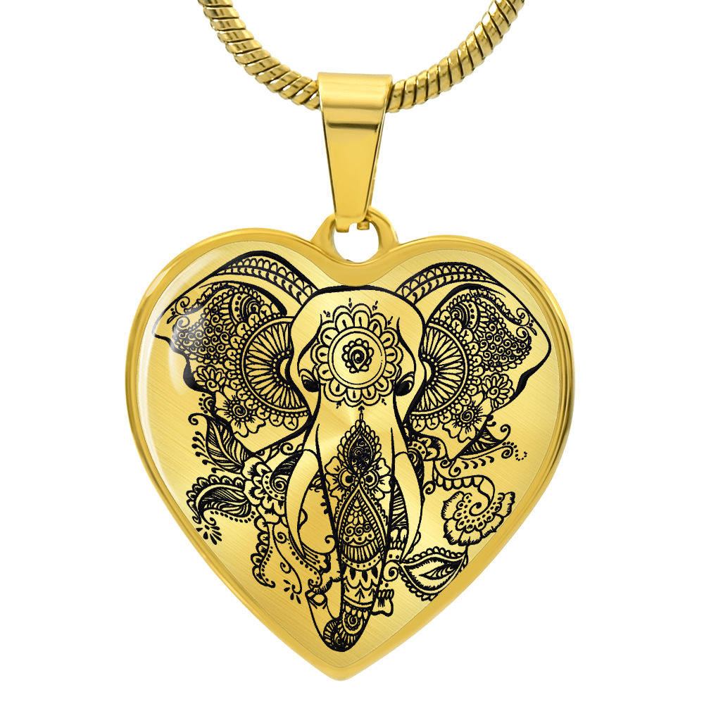 Mandala Elephant Heart Graphic Heart Necklace - Engraved Heart Pendant with Gift Box, Elephant Lover Gift for Her
