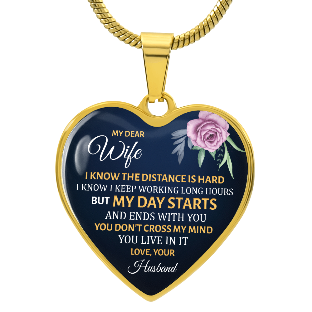 To My Dear Wife Long Distance Graphic Heart Necklace - Engraved Heart Pendant with Gift Box, Gift for Wife From Husband
