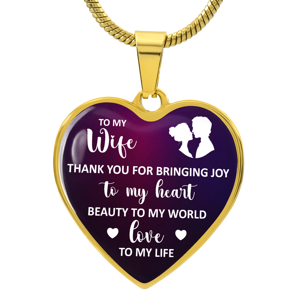 To My Wife Thank You For Bringing Joy Graphic Heart Necklace - Engraved Heart Pendant with Gift Box, Gift for Wife