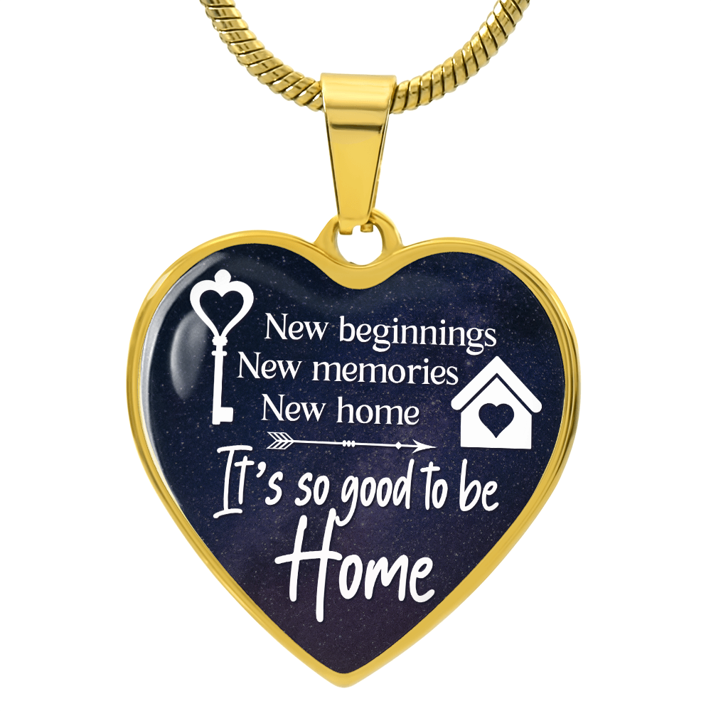 New Beginnings New Home Graphic Heart Necklace - Engraved Heart Pendant with Gift Box, Housewarming Gift for New Home