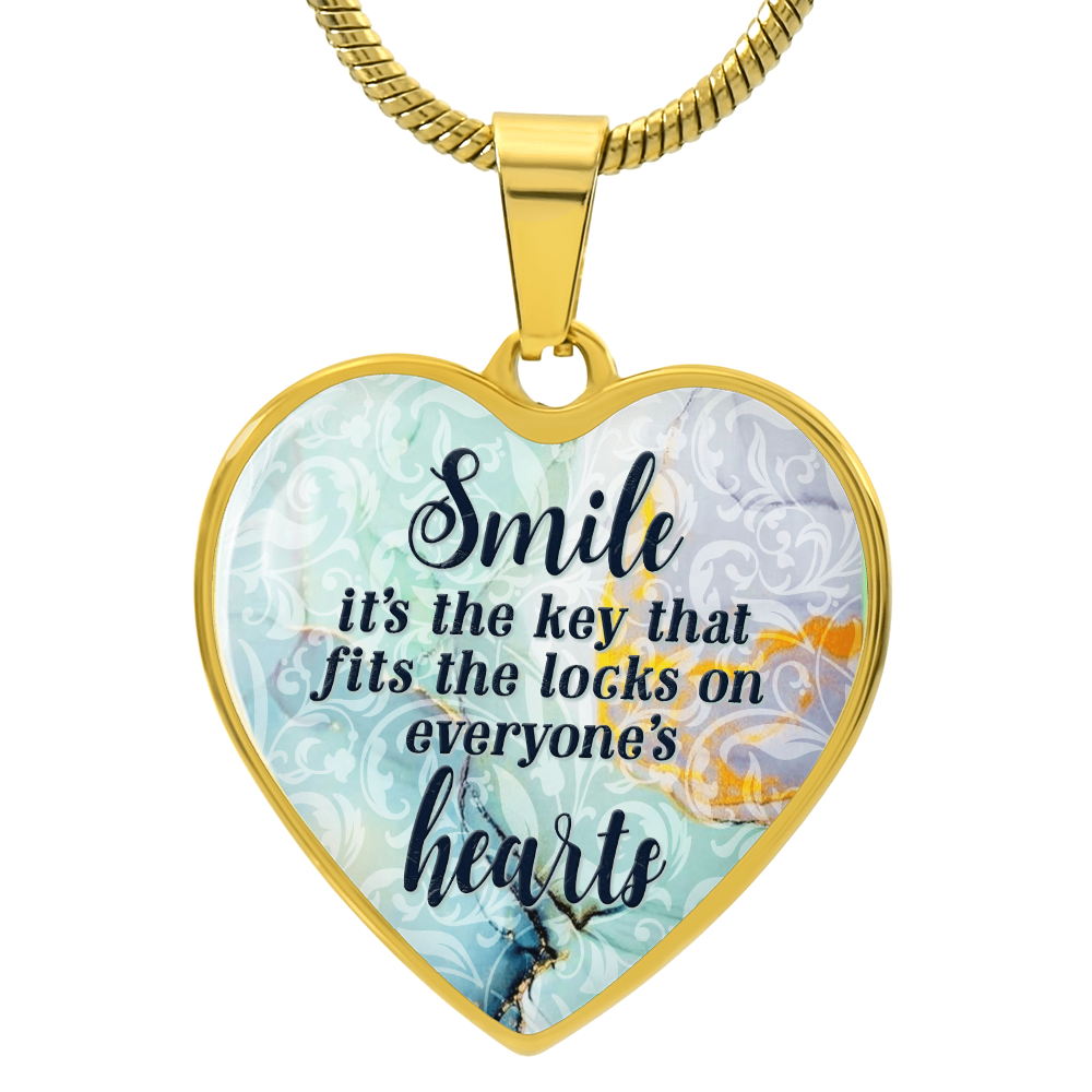 Smile Is The Key Graphic Heart Necklace - Engraved Heart Pendant with Gift Box, Inspirational Gift for Her