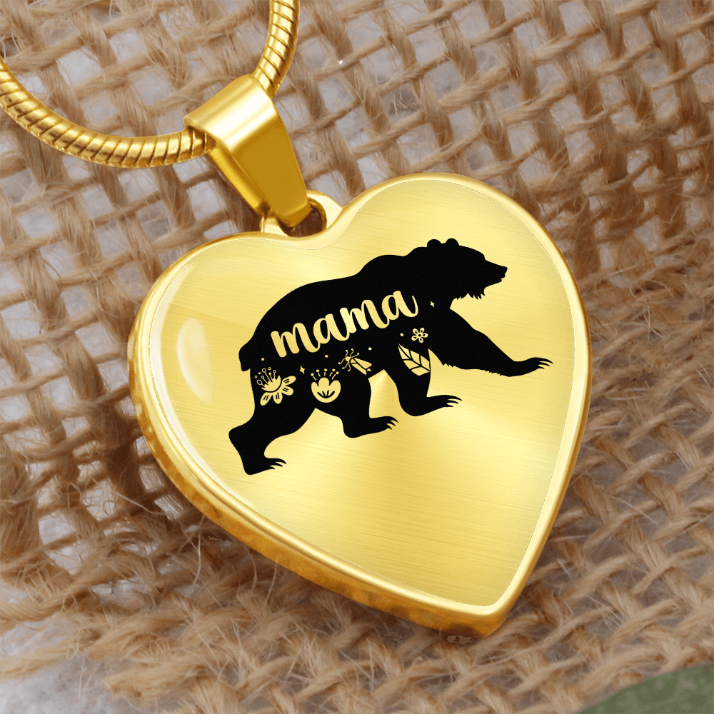 Mama Bear Graphic Heart Necklace - Engraved Heart Pendant with Gift Box, Mother's Day Gift for Mom