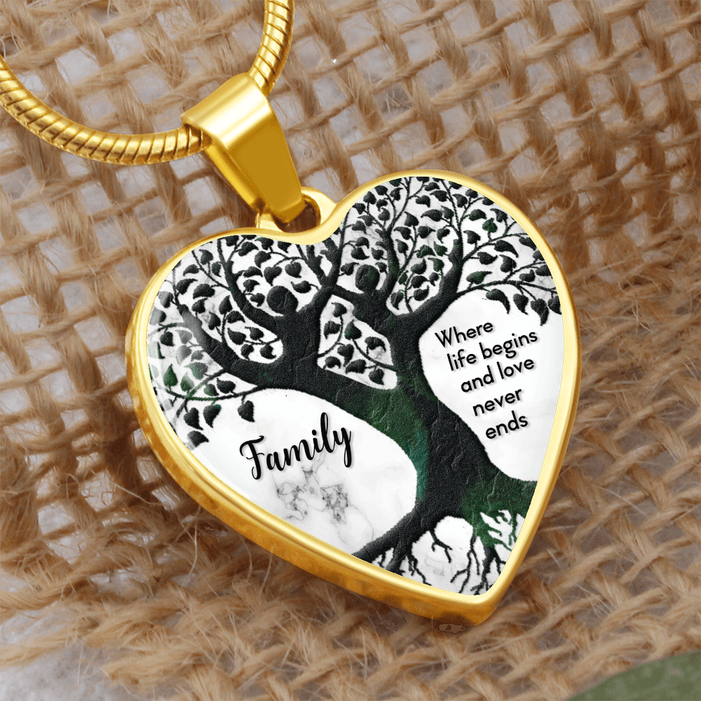 Where Life Begins Family Tree Graphic Heart Necklace - Engraved Heart Pendant with Gift Box, Family Gift for Mom