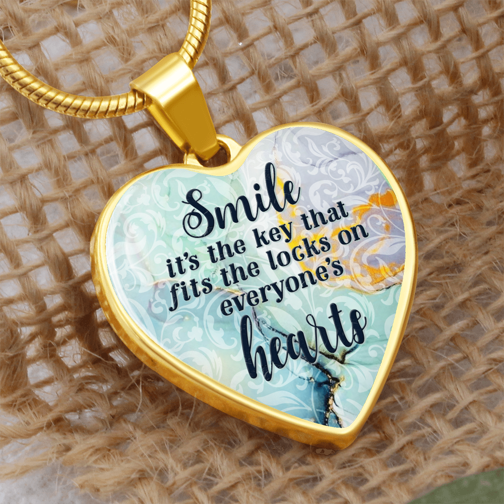 Smile Is The Key Graphic Heart Necklace - Engraved Heart Pendant with Gift Box, Inspirational Gift for Her