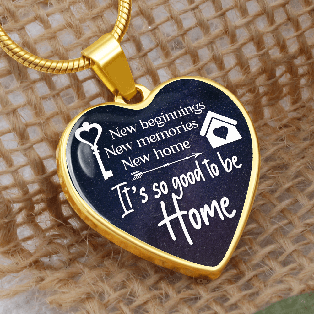 New Beginnings New Home Graphic Heart Necklace - Engraved Heart Pendant with Gift Box, Housewarming Gift for New Home