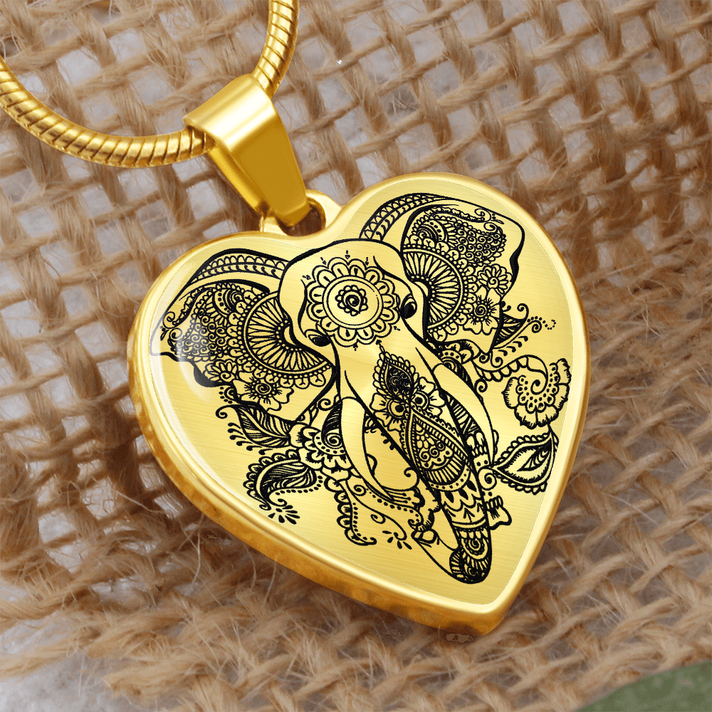 Mandala Elephant Heart Graphic Heart Necklace - Engraved Heart Pendant with Gift Box, Elephant Lover Gift for Her
