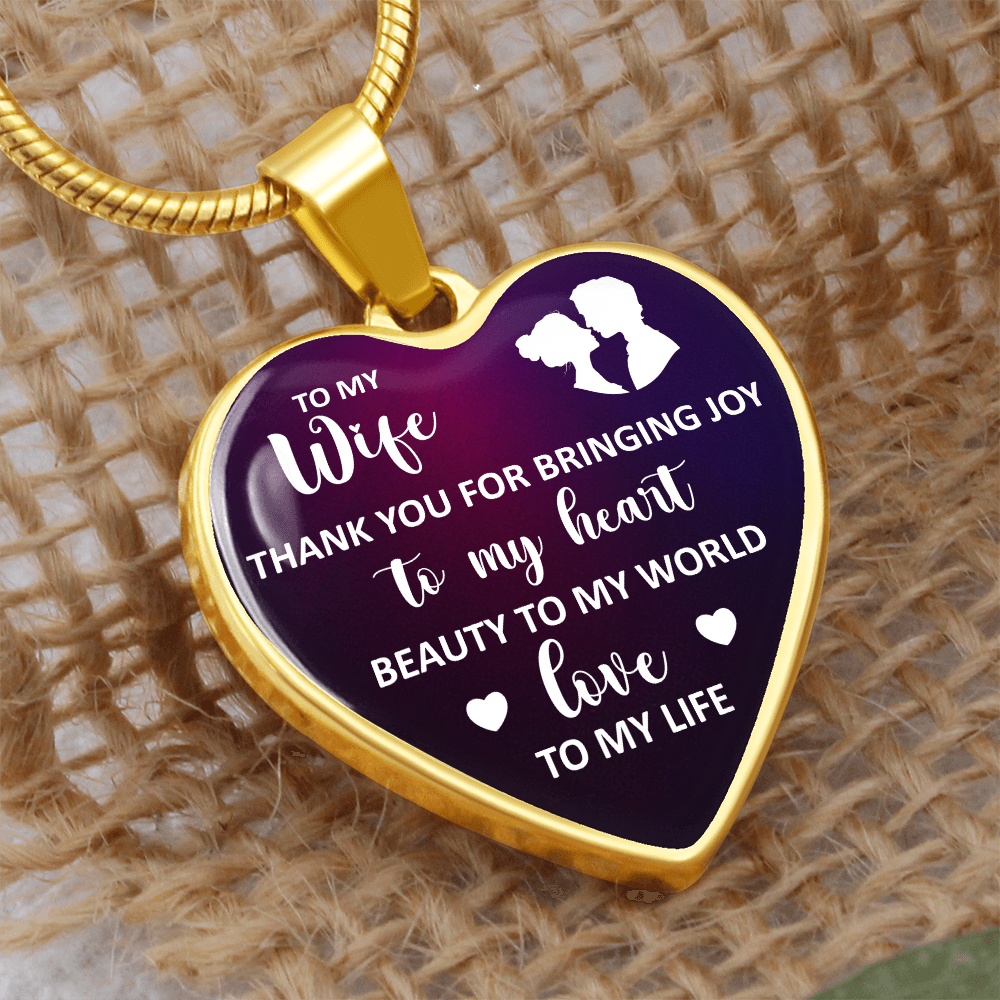 To My Wife Thank You For Bringing Joy Graphic Heart Necklace - Engraved Heart Pendant with Gift Box, Gift for Wife