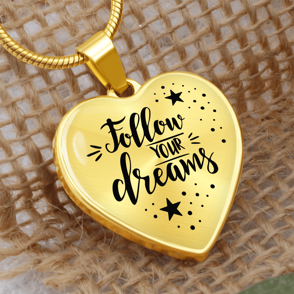 Follow Your Dreams Graphic Heart Necklace - Engraved Heart Pendant with Gift Box, Inspirational Gift for Her