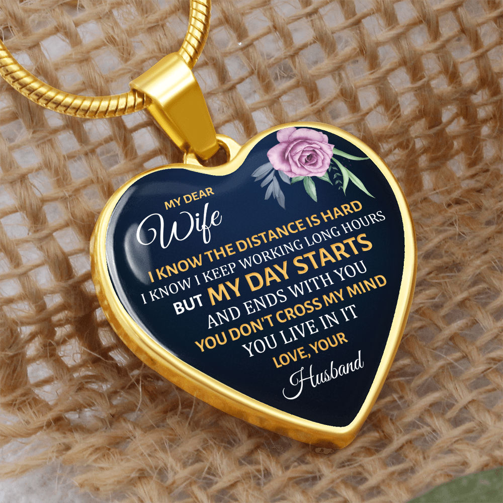 To My Dear Wife Long Distance Graphic Heart Necklace - Engraved Heart Pendant with Gift Box, Gift for Wife From Husband