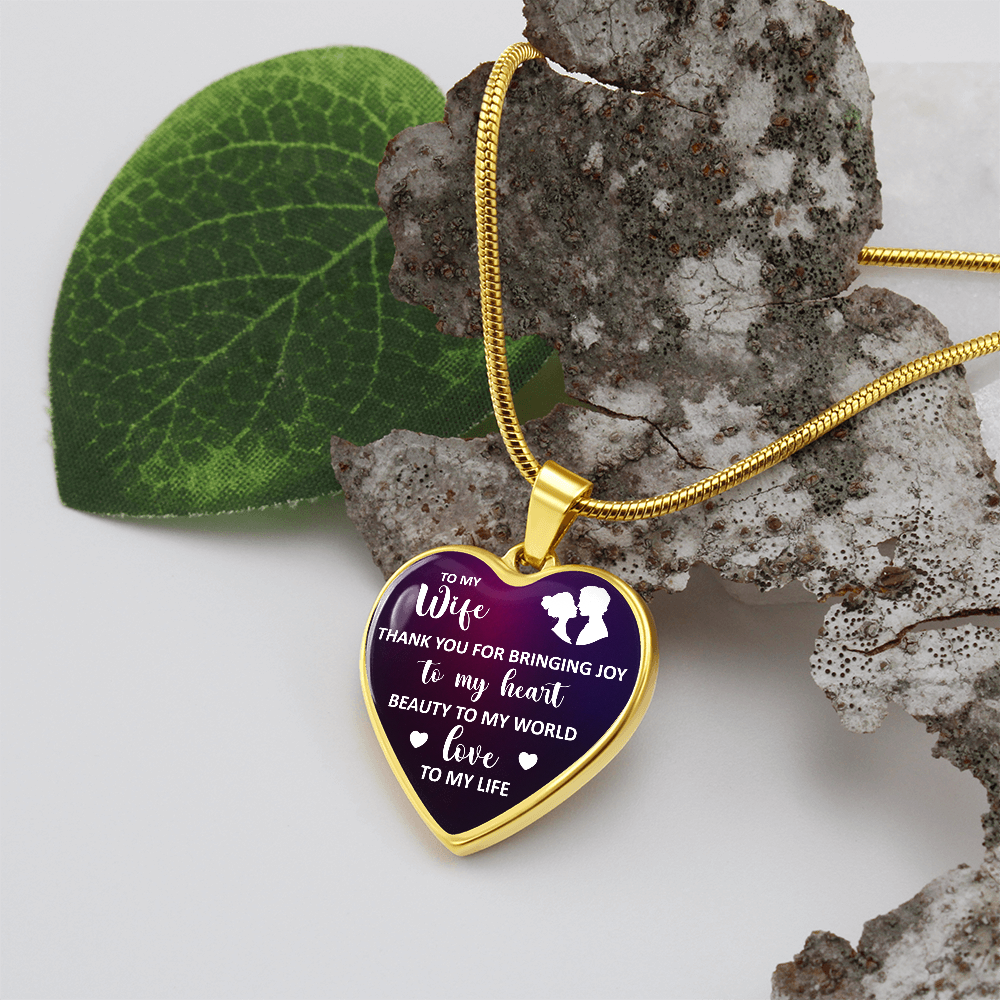To My Wife Thank You For Bringing Joy Graphic Heart Necklace - Engraved Heart Pendant with Gift Box, Gift for Wife