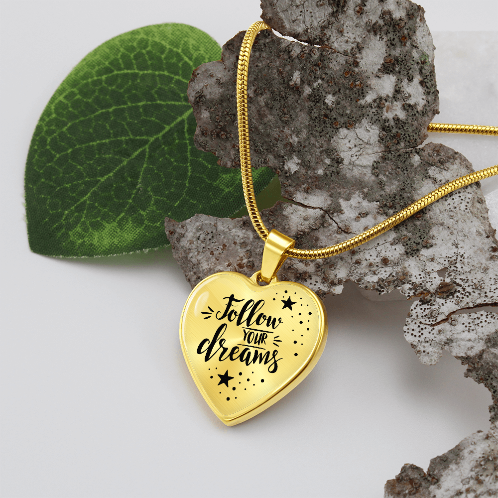 Follow Your Dreams Graphic Heart Necklace - Engraved Heart Pendant with Gift Box, Inspirational Gift for Her