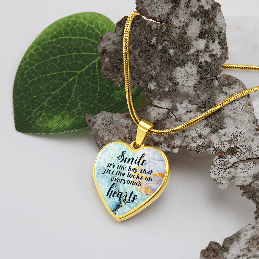 Smile Is The Key Graphic Heart Necklace - Engraved Heart Pendant with Gift Box, Inspirational Gift for Her