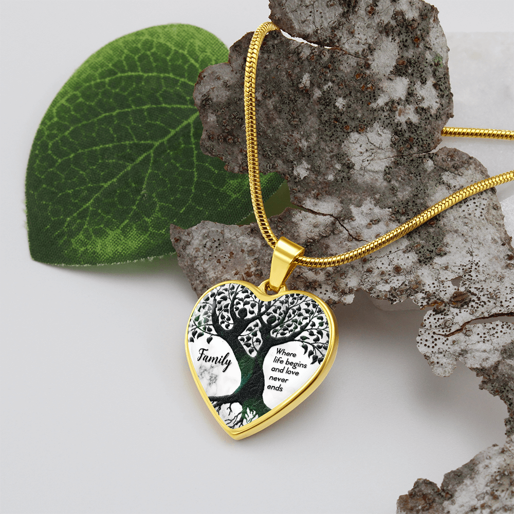 Where Life Begins Family Tree Graphic Heart Necklace - Engraved Heart Pendant with Gift Box, Family Gift for Mom