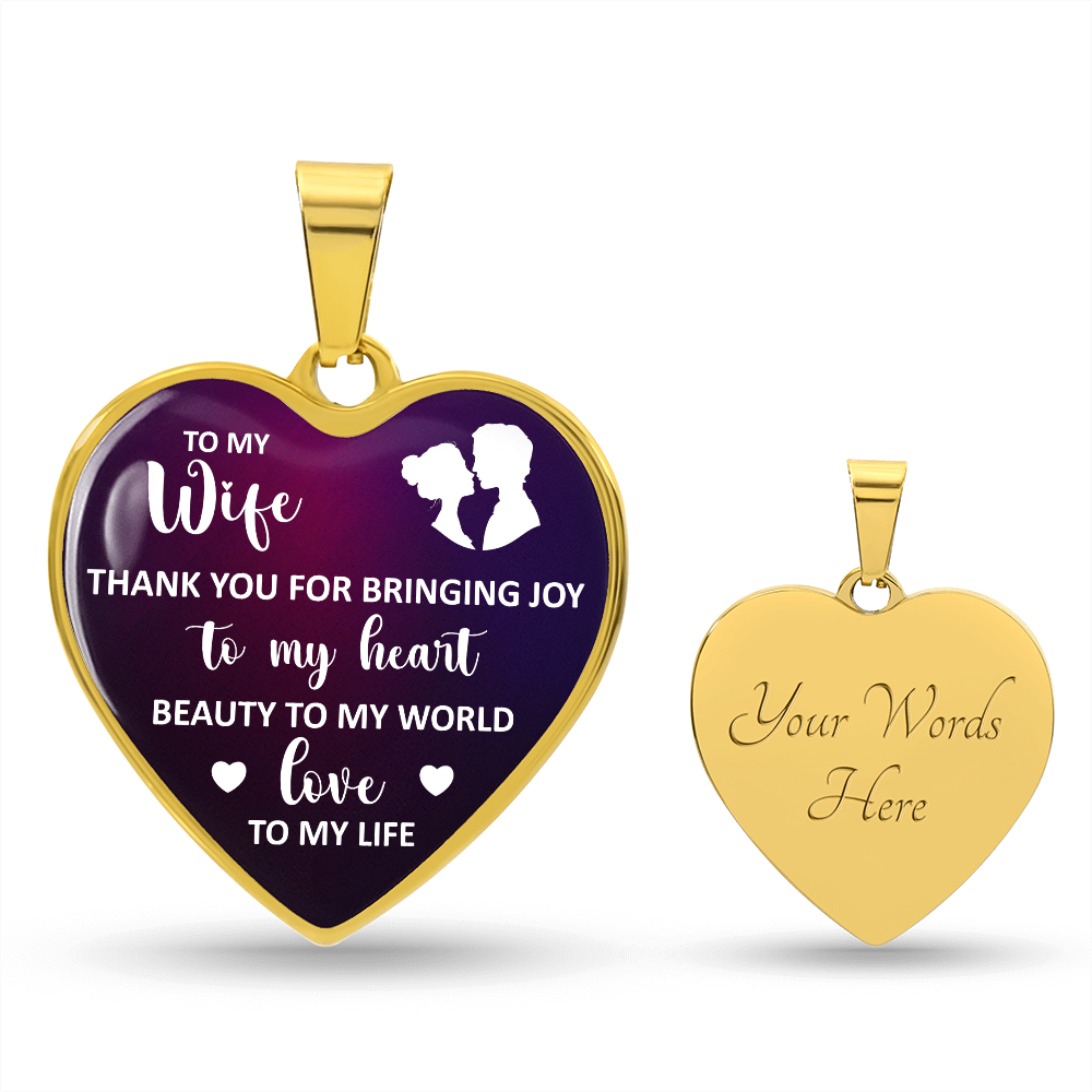 To My Wife Thank You For Bringing Joy Graphic Heart Necklace - Engraved Heart Pendant with Gift Box, Gift for Wife