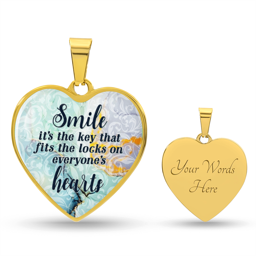 Smile Is The Key Graphic Heart Necklace - Engraved Heart Pendant with Gift Box, Inspirational Gift for Her