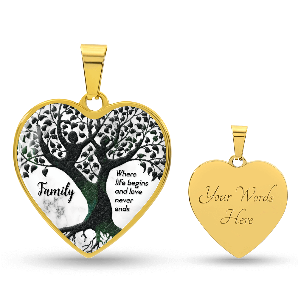 Where Life Begins Family Tree Graphic Heart Necklace - Engraved Heart Pendant with Gift Box, Family Gift for Mom
