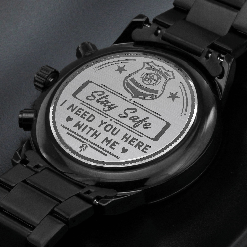 Stay Safe, Police — Engraved Black Chronograph Watch