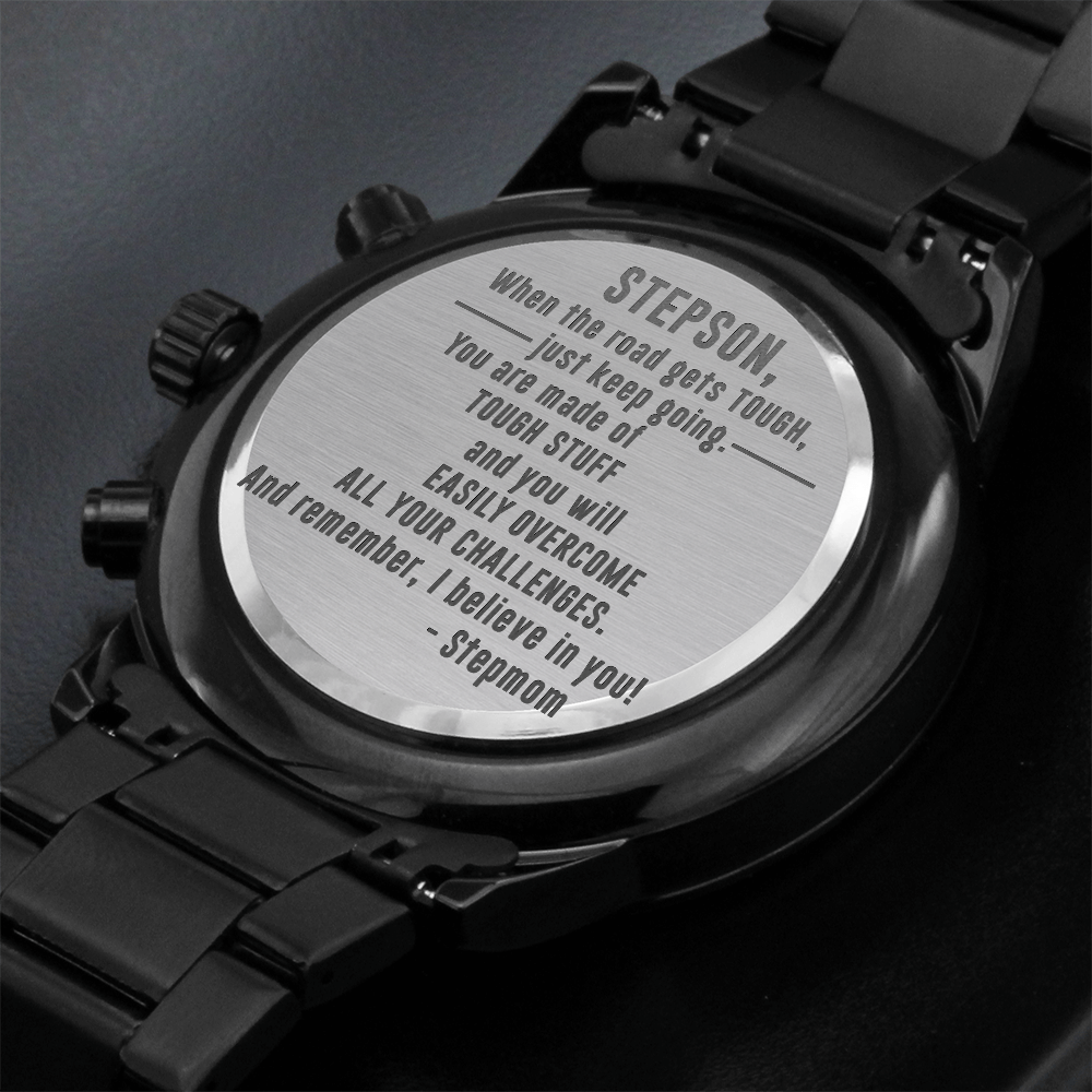 Stepson, When The Road Gets Tough — Engraved Black Chronograph Watch