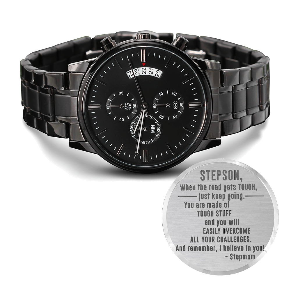 Stepson, When The Road Gets Tough — Engraved Black Chronograph Watch