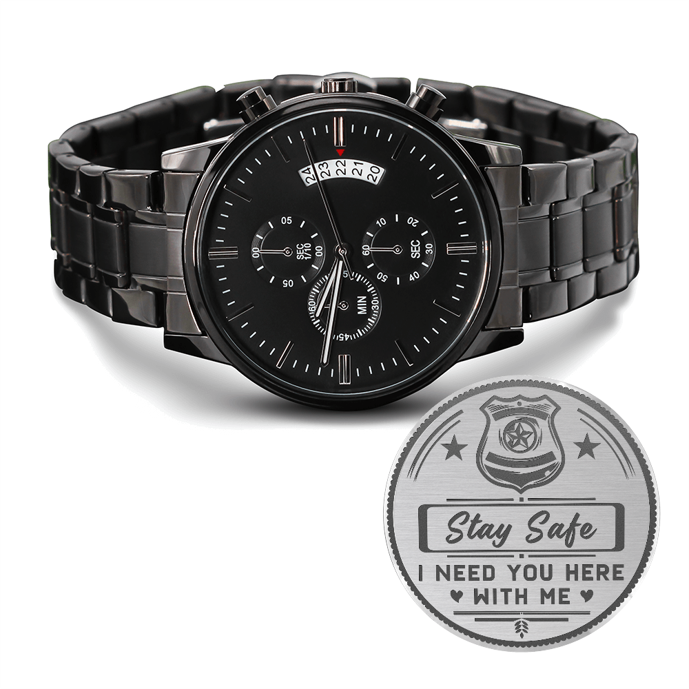 Stay Safe, Police — Engraved Black Chronograph Watch