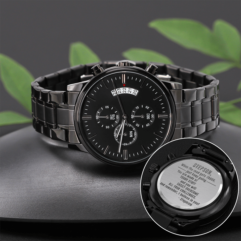 Stepson, When The Road Gets Tough — Engraved Black Chronograph Watch